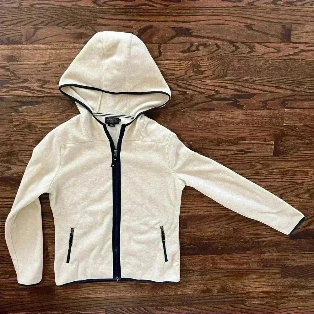 Pendleton Jacket Full Zip Cream Hooded Polyester Blue Trim Outdoor 100138 Med